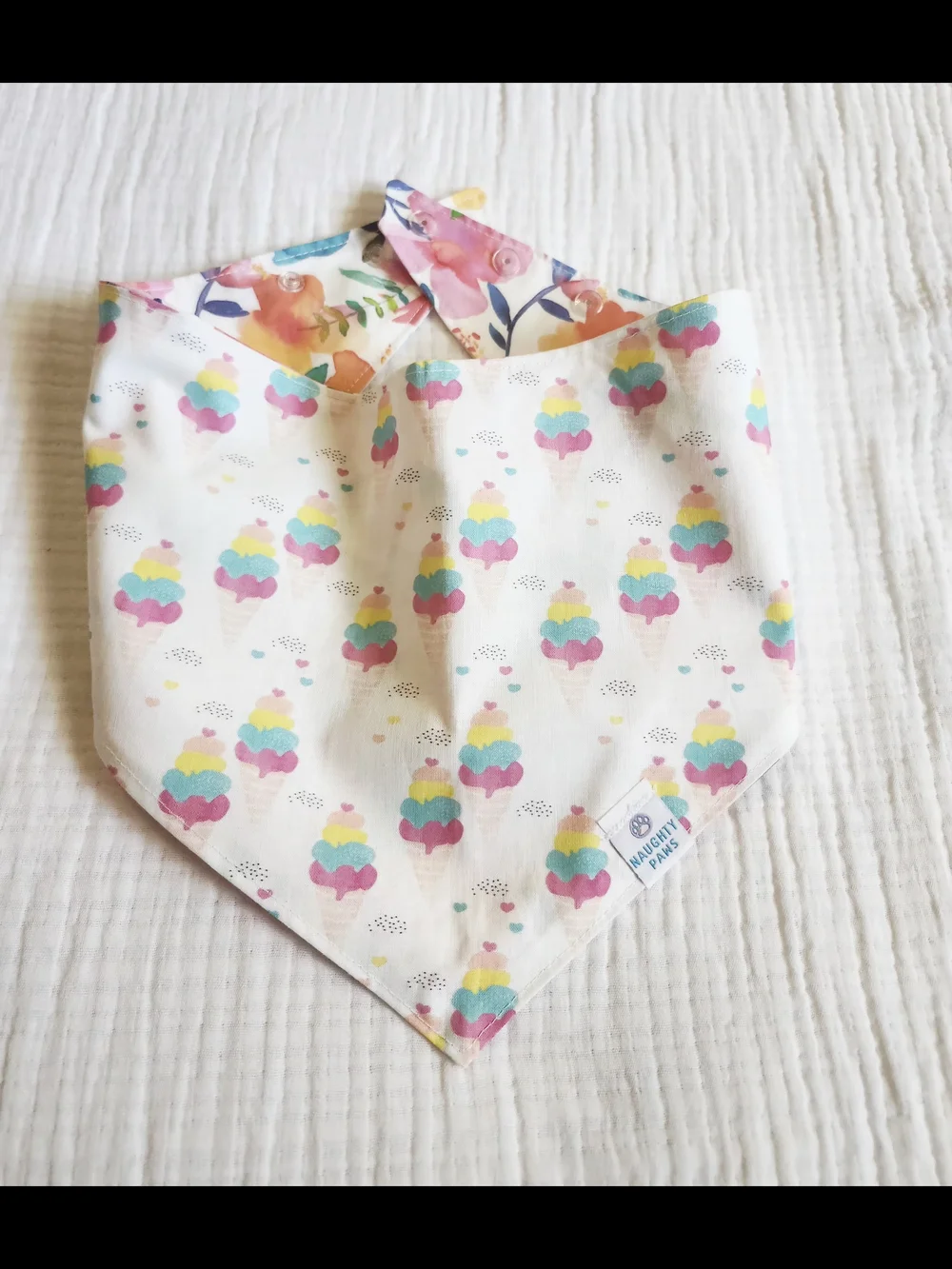 Naughty Paws XL Reversible Dog Bandana Floral/Ice Cream Cone Print